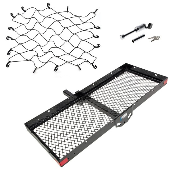 Reese 20 x 48 Hitch Basket Cargo Carrier Combo Reese 20x48 Hitch Cargo Carrier Basket with Bungee Net and Dog Bone Lock
