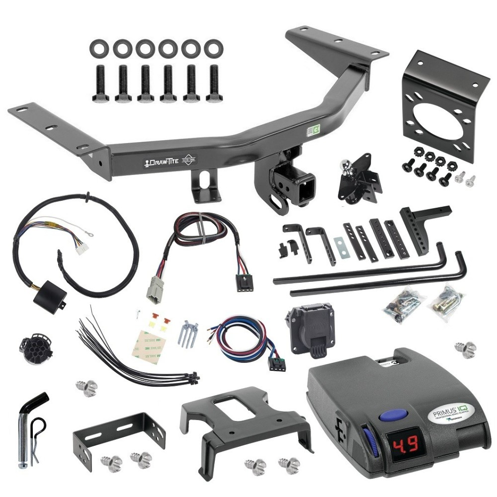 For 2014-2020 Acura MDX Trailer Hitch Tow PKG w/ 8K Round Bar Weight Distribution Hitch w/ 2-5/16" Ball + Pin/Clip + Tekonsha Primus IQ Brake Control + Plug & Play BC Adapter + 7-Way RV Wiring (Excludes: w/Full Size Spare Tire Models) By Draw-Tit