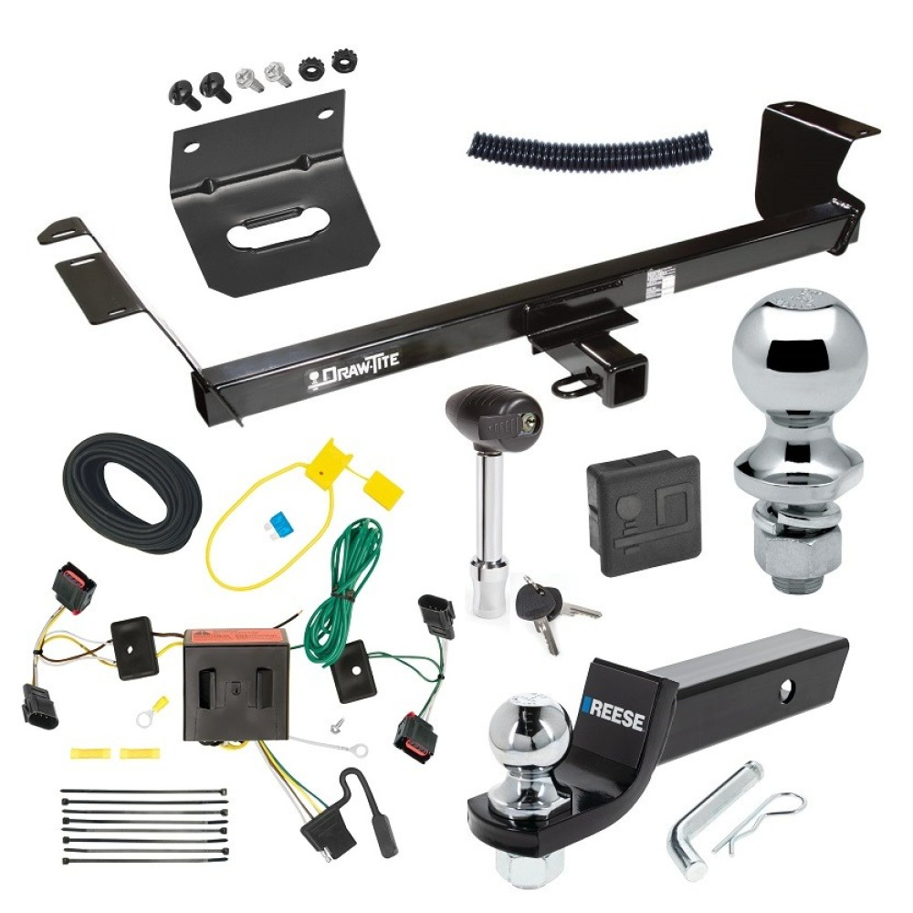 For 2008-2010 Dodge Grand Caravan Trailer Hitch Tow PKG w/ 4-Flat Wiring + Starter Kit Ball Mount w/ 2" Drop & 2" Ball + 1-7/8" Ball + Wiring Bracket + Hitch Lock + Hitch Cover By Draw-Tite