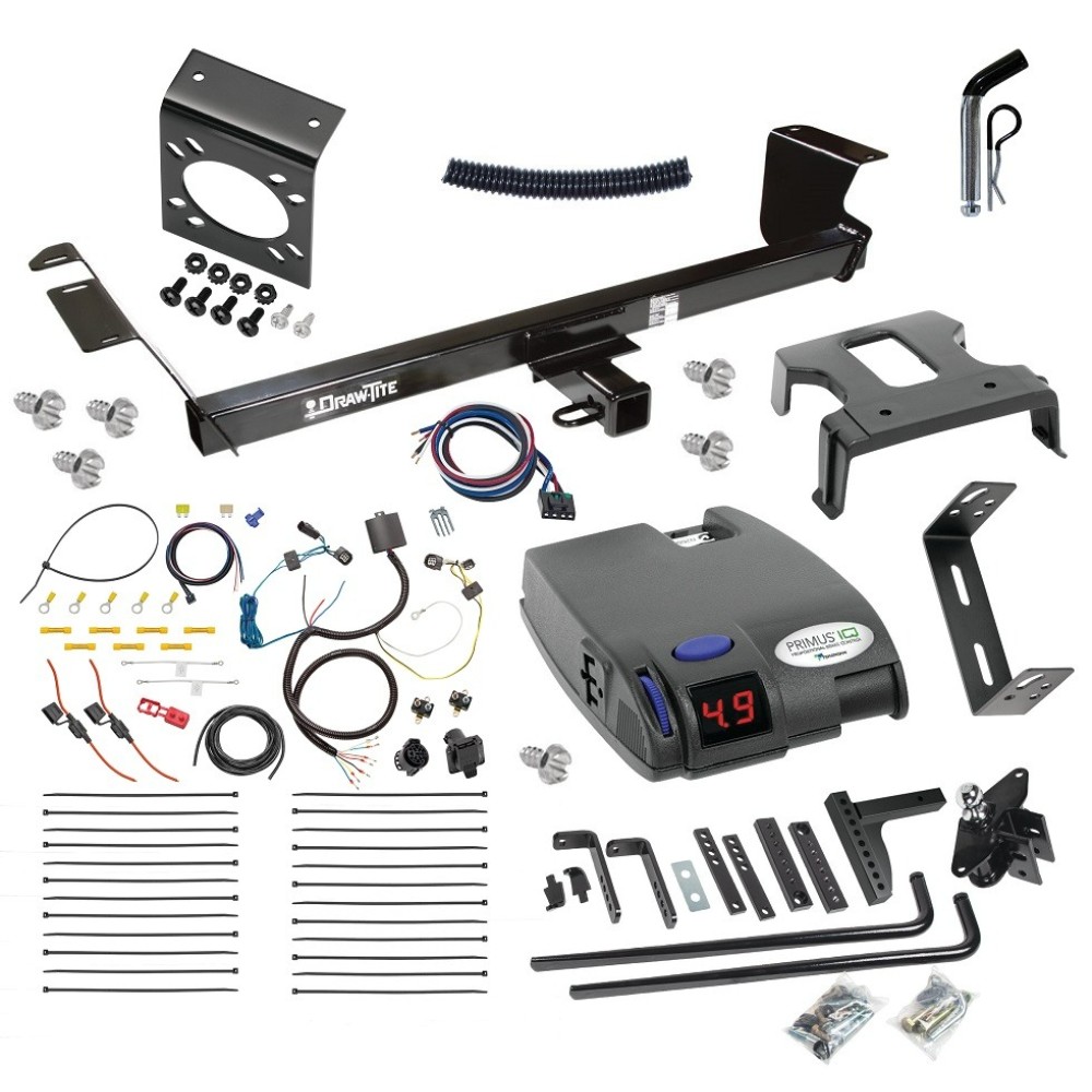 For 2011-2016 Chrysler Town & Country Trailer Hitch Tow PKG w/ 6K Round Bar Weight Distribution Hitch w/ 2-5/16" Ball + Pin/Clip + Tekonsha Primus IQ Brake Control + 7-Way RV Wiring By Draw-Tite