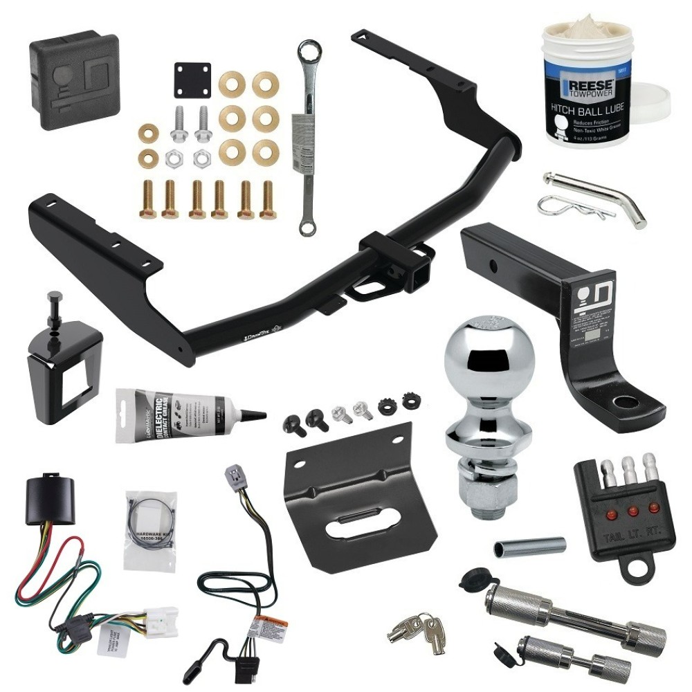 For 2020-2023 Toyota Highlander Trailer Hitch Tow PKG w/ 4-Flat Wiring + Ball Mount w/ 4" Drop + 1-7/8" Ball + Wiring Bracket + Hitch Cover + Dual Hitch & Coupler Locks + Wiring Tester + Ball Lube + Electric Grease + Ball Wrench + Anti Rattl