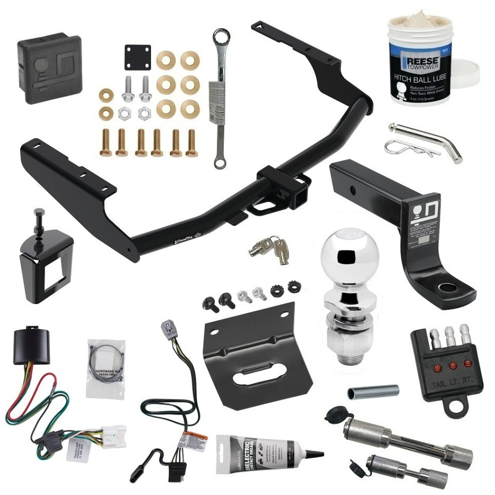 For 2020-2023 Toyota Highlander Trailer Hitch Tow PKG w/ 4-Flat Wiring + Ball Mount w/ 4" Drop + 2" Ball + Wiring Bracket + Hitch Cover + Dual Hitch & Coupler Locks + Wiring Tester + Ball Lube + Electric Grease + Ball Wrench + Anti Rattle De
