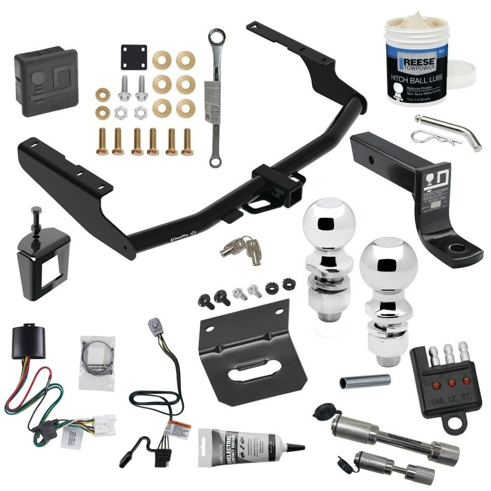 For 2020-2023 Toyota Highlander Trailer Hitch Tow PKG w/ 4-Flat Wiring + Ball Mount w/ 4" Drop + 2" Ball + 2-5/16" Ball + Wiring Bracket + Hitch Cover + Dual Hitch & Coupler Locks + Wiring Tester + Ball Lube + Electric Grease + Ball Wre