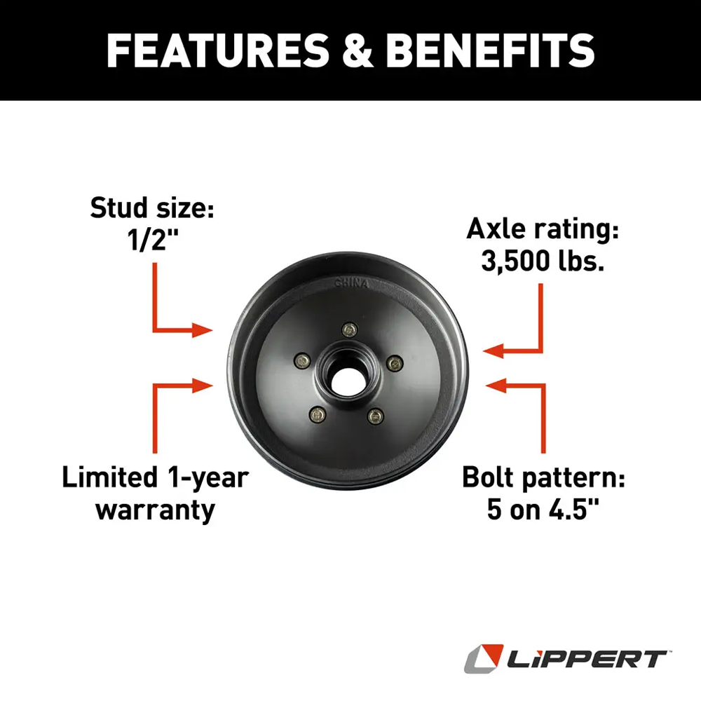 Lippert 3,500-lb Self-Adjust Brake & 10″ Drum-Hub Kit – Quad-Axle, Dexter/Alko Compatible Lippert quad-axle 3,500-lb self-adjusting electric brake and 10-inch drum hub kit 5-on-4.5 pattern compatible with Dexter Alko Rockwell