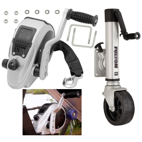 Fulton F2 Boat Trailer Winch Single-Speed 2000 lbs + F2 Trailer Jack 1600 lbs Lifetime Warranty + Hardware Bolt-On Side Mount