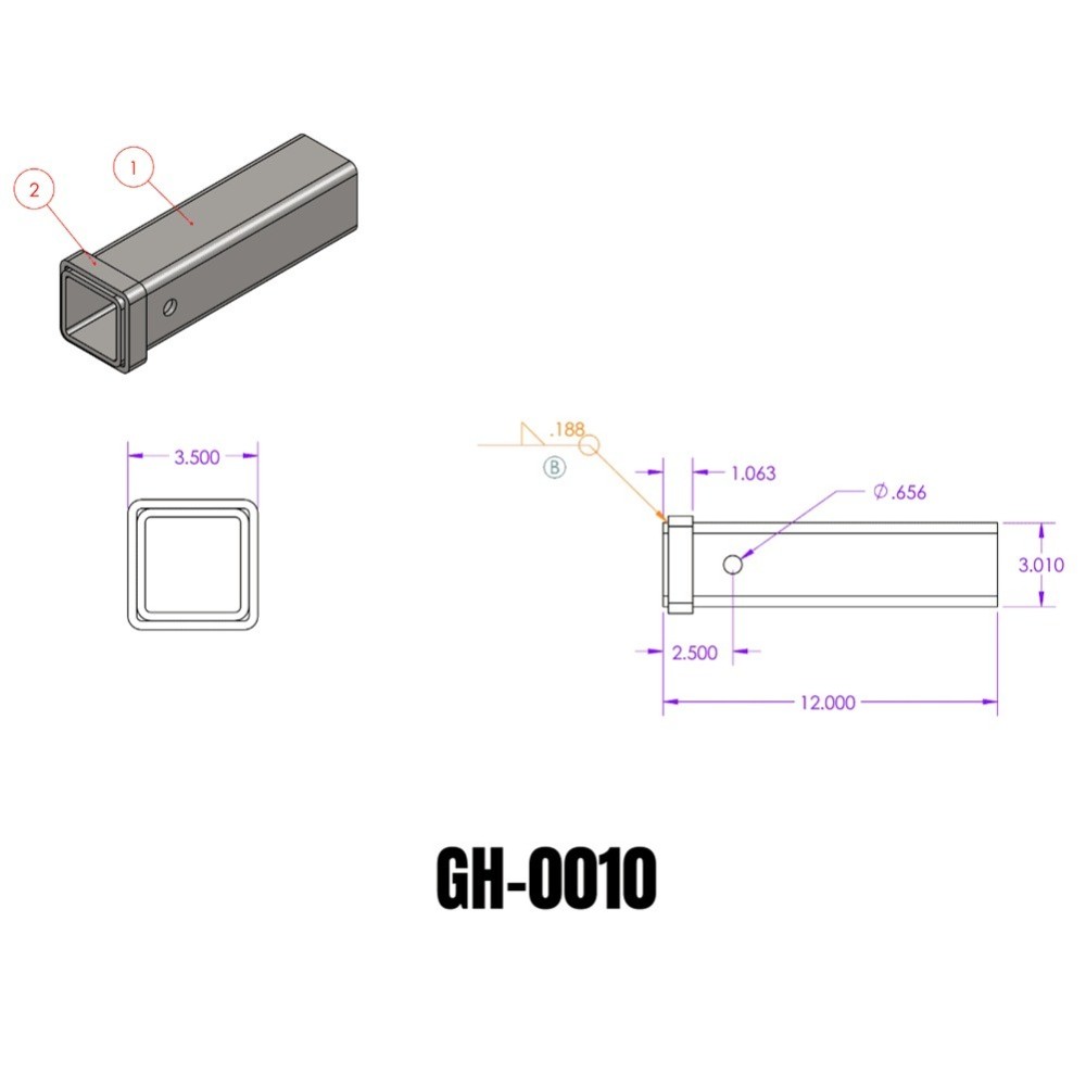 GEN‑Y 12in Steel Weld‑On Receiver Tube w/ 3/4in Collar GEN‑Y 12in steel weld-on receiver tube with reinforced 3/4in collar for trailer hitch fabrication
