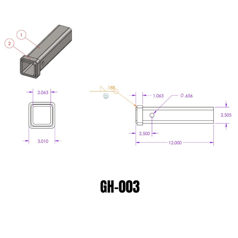 GEN-Y 12" Steel Weld-On Receiver Tube with 3/4" Collar GEN-Y 12-inch steel weld-on receiver tube with 3/4-inch reinforced collar