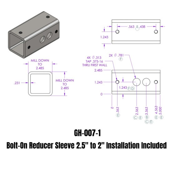GEN-Y Bolt-On Hitch Reducer Sleeve 2.5" to 2" – Anti-Rattle Adapter GH-007-1 GEN-Y 2.5" to 2" Bolt-On Hitch Reducer Adapter Sleeve GH-007-1 Anti-Rattle USA