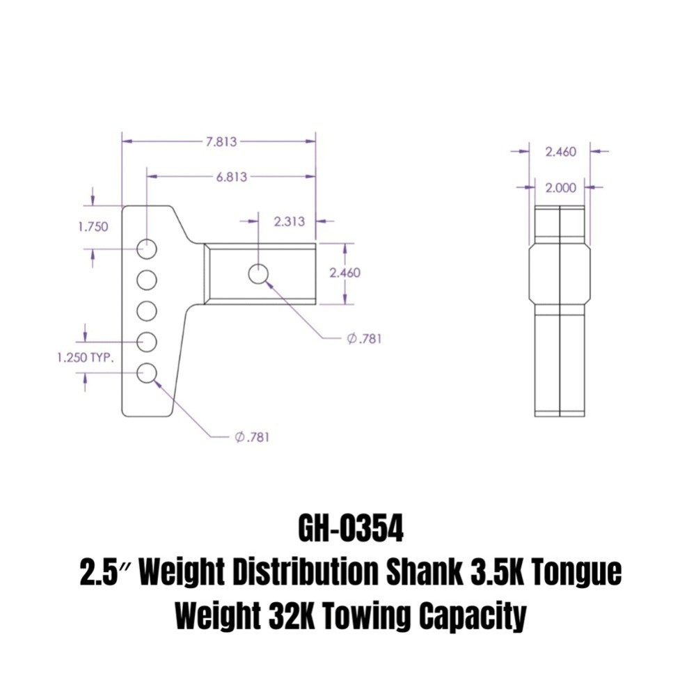 GEN-Y 32K weight distribution drop shank for 2.5 inch receiver, 7-3/4" long