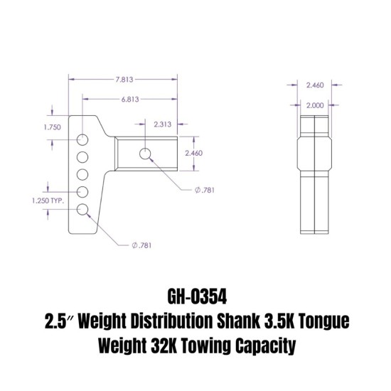 GEN-Y 2.5" Receiver Drop Shank – 32K GTW, 3.5K Tongue Weight, 7-3/4" Long GEN-Y 32K weight distribution drop shank for 2.5 inch receiver, 7-3/4" long