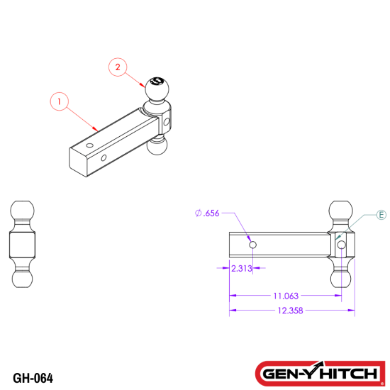 GEN-Y 21K Dual-Ball Hitch Mount – Heavy Duty 2.5" Shank with Dual Balls GEN-Y 21K Dual-Ball Mount with 2.5 Inch Shank and 12 Inch Extension