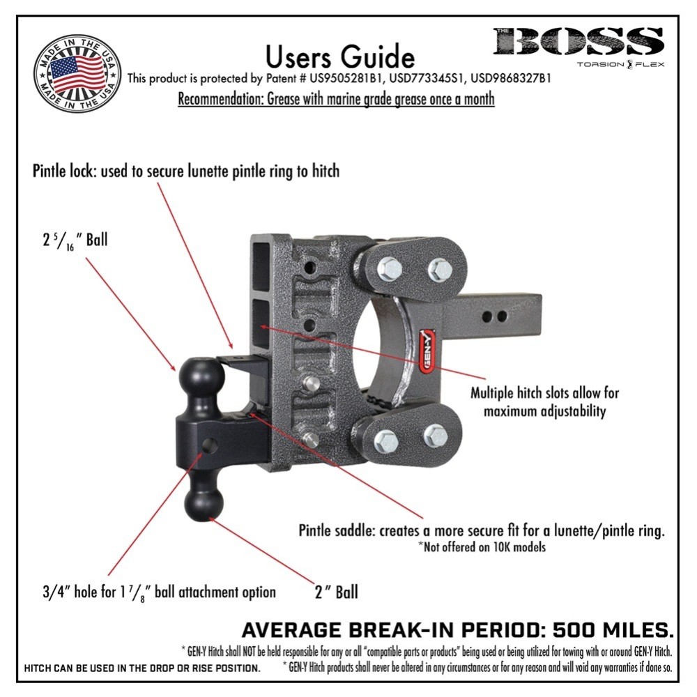 GEN‑Y BOSS 10K Torsion‑Flex 10″ Drop Dual‑Ball Trailer Hitch GEN‑Y BOSS 10K Torsion‑Flex 10-inch drop dual-ball trailer hitch in silver‑vein finish