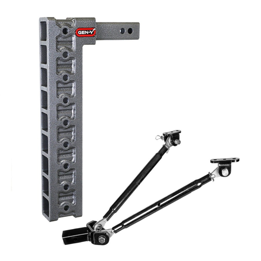 GEN-Y Mega-Duty 10K 20 Inch Drop Adjustable Hitch with Stabilizer Kit 2 Inch Receiver