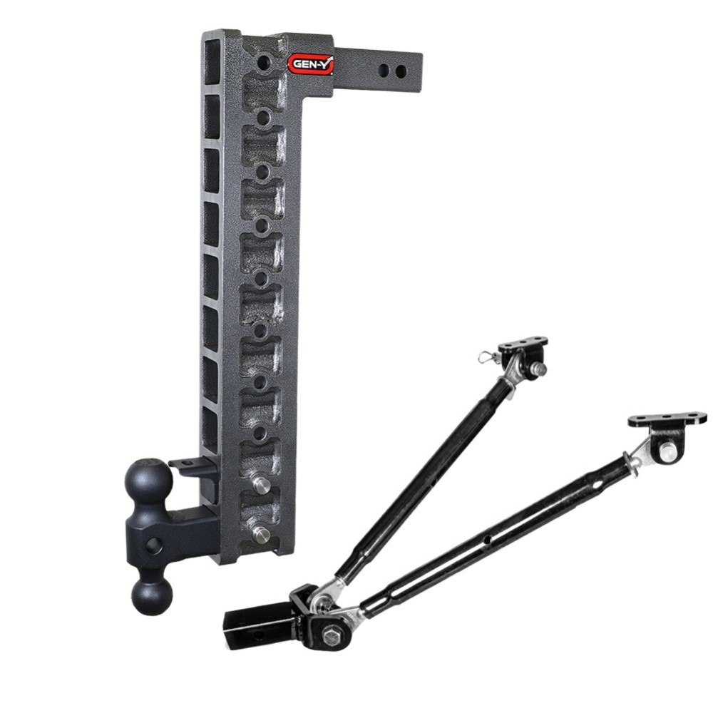 GEN-Y Mega-Duty 10K 22.5 Inch Drop Adjustable Trailer Hitch with Pintle Lock & Stabilizer Kit
