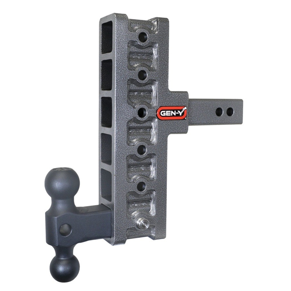 GEN-Y Mega-Duty 10K 5in Rise 7.5in Drop Dual-Ball Adjustable Hitch GEN-Y Mega-Duty 10K adjustable drop hitch with 5″ rise, 7.5″ drop, dual-ball & 2″ offset