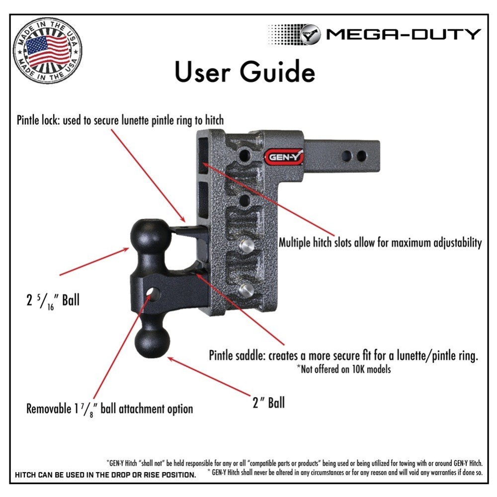 GEN-Y Mega-Duty 16K Adjustable Drop Hitch 7.5" Drop Rise 2" Receiver Heavy Duty