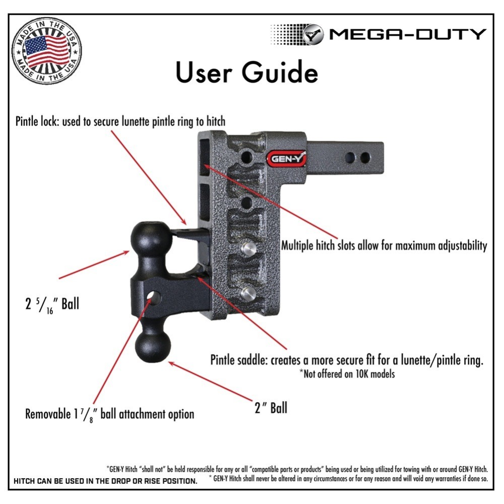 GEN-Y Mega-Duty 16K 10 Inch Drop Adjustable Trailer Hitch TJ-GH-505 GEN-Y Mega-Duty 16K 10 Inch Drop Adjustable Hitch for 2 Inch Receiver Heavy Duty