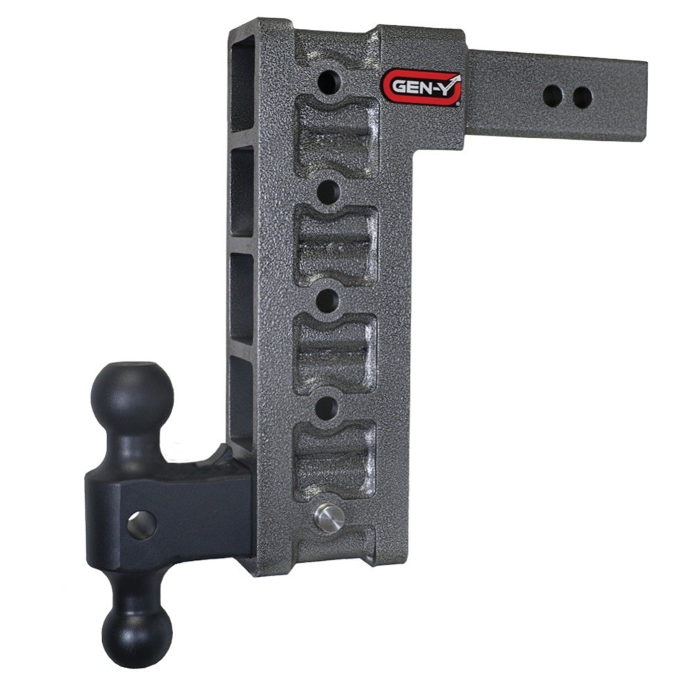 GEN-Y Mega-Duty 21K Adjustable Drop Hitch Dual-Ball 12in Drop GEN-Y Mega-Duty 21K adjustable drop hitch dual-ball mounts silver vein
