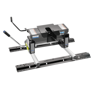 For 2020-2024 GMC Sierra 1500 Custom Outboard Above Bed Rail Kit + 16K Fifth Wheel + Round Tube Slider (For 6-1/2' or Shorter Bed, w/o Factory Puck System Models) By Reese For 2020-2024 GMC Sierra 1500 Custom Outboard Above Bed Rail Kit + 16K Fifth Wheel + Round Tube Slider (For 6-1/2' or Shorter Bed, w/o Factory Puck System Models) By Reese