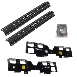 For 2020-2024 GMC Sierra 1500 Custom Outboard Above Bed Rail Kit + 16K Fifth Wheel + Round Tube Slider (For 6-1/2' or Shorter Bed, w/o Factory Puck System Models) By Reese For 2020-2024 GMC Sierra 1500 Custom Outboard Above Bed Rail Kit + 16K Fifth Wheel + Round Tube Slider (For 6-1/2' or Shorter Bed, w/o Factory Puck System Models) By Reese