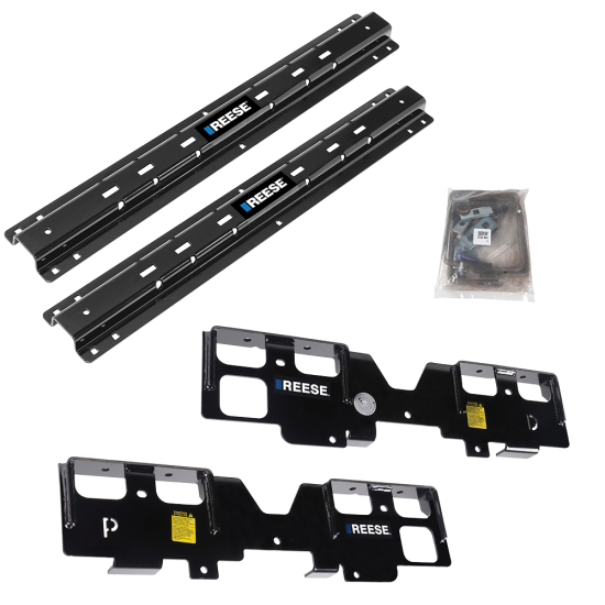 For 2020-2024 GMC Sierra 1500 Custom Outboard Above Bed Rail Kit + 16K Fifth Wheel + Round Tube Slider (For 6-1/2' or Shorter Bed, w/o Factory Puck System Models) By Reese For 2020-2024 GMC Sierra 1500 Custom Outboard Above Bed Rail Kit + 16K Fifth Wheel + Round Tube Slider (For 6-1/2' or Shorter Bed, w/o Factory Puck System Models) By Reese