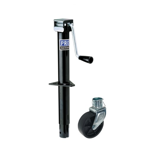 RV20000303 CE555 0301 Pro Series Pro Series Round 2000 lbs. A-Frame Trailer Jack Sidewind 14" Lift External Gearbox 6" Caster Wheel Pro Series Round 2,000 lbs. A-Frame Trailer Jack Sidewind 14" Lift w/ External Gearbox & 6" Caster Wheel