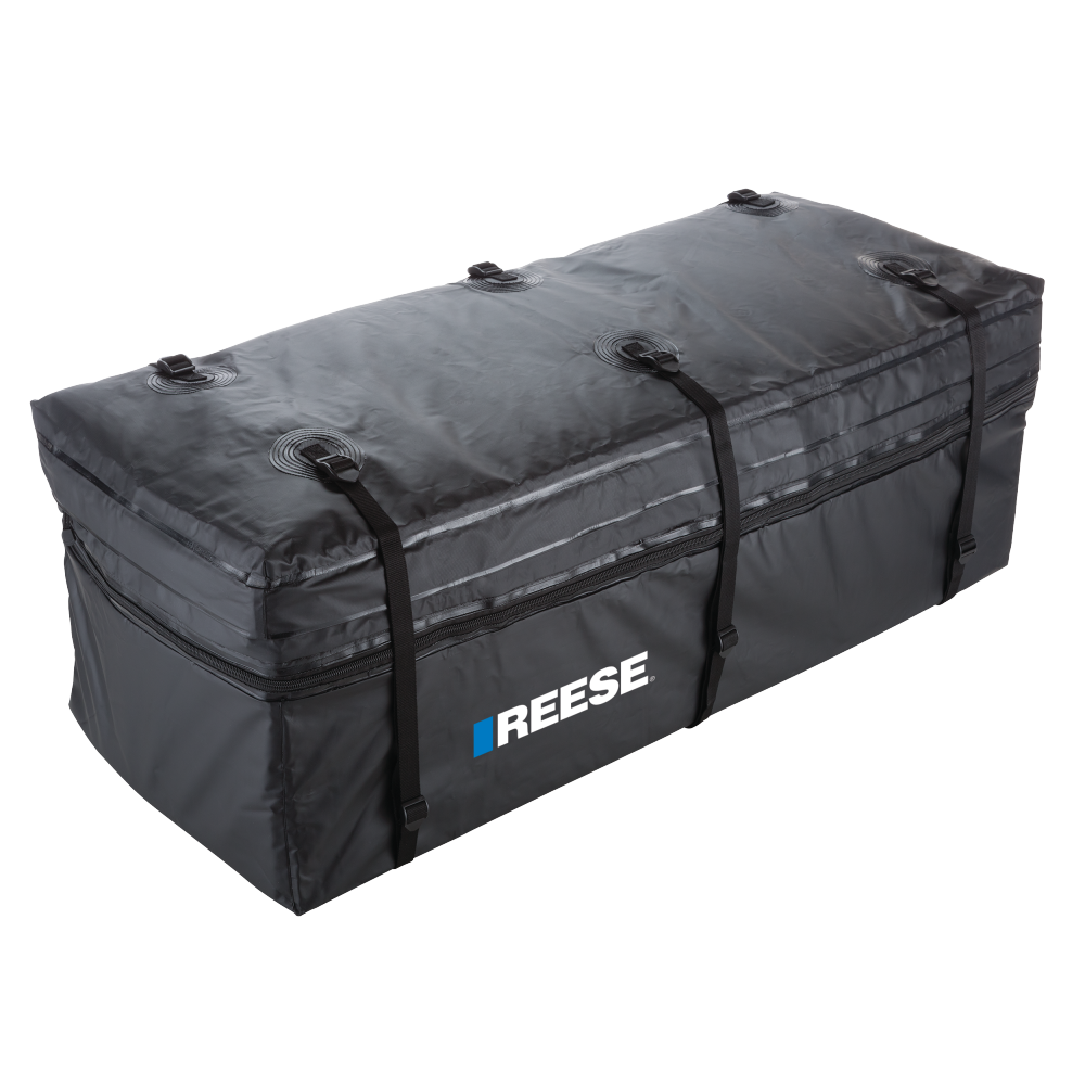 REESE Olympia Expandable Hitch-Mounted Cargo Bag in Black Black REESE Olympia expandable hitch-mounted cargo bag on a carrier