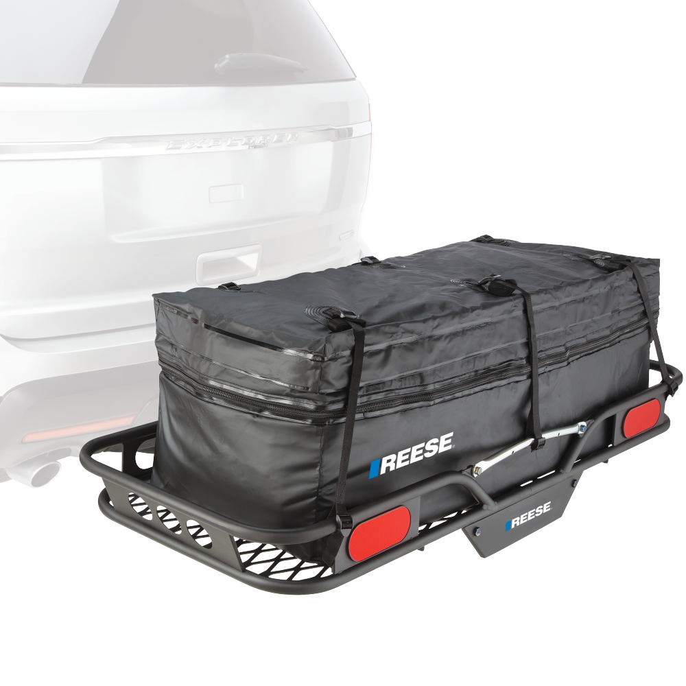 REESE Olympia Expandable Hitch-Mounted Cargo Bag in Black Black REESE Olympia expandable hitch-mounted cargo bag on a carrier