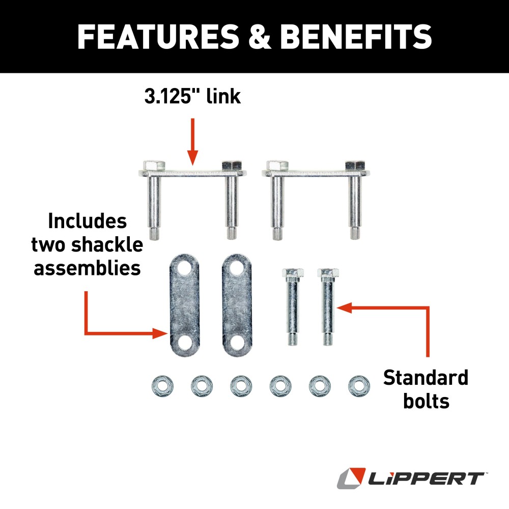 Lippert Replacement Trailer Axle AP Kits for Suspension Lippert replacement trailer axle AP kit components including shackle assemblies, plates, bolts, and lock nuts.