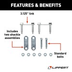 Lippert Replacement Trailer Axle AP Kits for Suspension Lippert replacement trailer axle AP kit components including shackle assemblies, plates, bolts, and lock nuts.