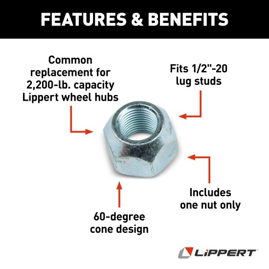 Lippert Universal Replacement Wheel Lug Nut for Trailers Lippert wheel lug nut for 2,200-lb capacity hubs, fits 1/2-inch studs