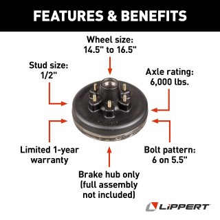 Lippert Iron Brake Hub for 6000-lb Axles with 6 on 5.5 Bolt Pattern Lippert brake hub for 6000-lb axles, made of durable iron with 6 on 5.5 bolt pattern