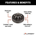 Lippert Durable Iron Brake Drum Hub for 7,000-lb Axles Lippert brake drum hub assembly for 7,000-lb axle featuring an 8 on 6.5 inch bolt pattern with a 1/2 inch stud.