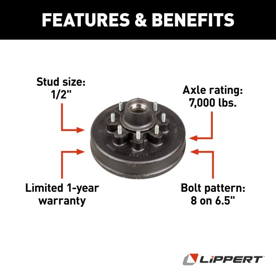 Lippert Durable Iron Brake Drum Hub for 7,000-lb Axles Lippert brake drum hub assembly for 7,000-lb axle featuring an 8 on 6.5 inch bolt pattern with a 1/2 inch stud.