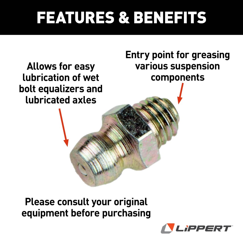 Lippert Super-Lube Axle Spindle Replacement Grease Zerk Lippert replacement grease zerk for Super-Lube axle spindles, ideal for RV trailers.