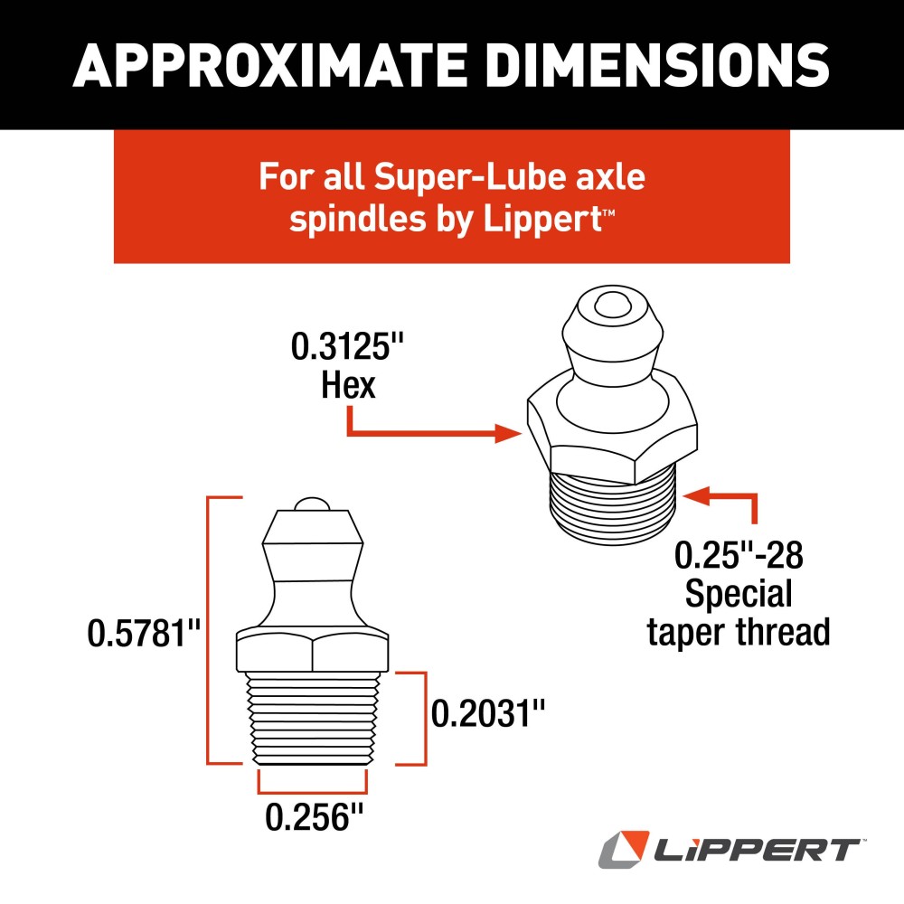 Lippert Super-Lube Axle Spindle Replacement Grease Zerk Lippert replacement grease zerk for Super-Lube axle spindles, ideal for RV trailers.