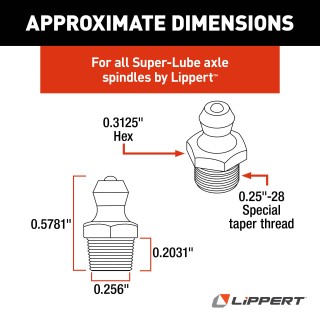 Lippert Super-Lube Axle Spindle Replacement Grease Zerk Lippert replacement grease zerk for Super-Lube axle spindles, ideal for RV trailers.