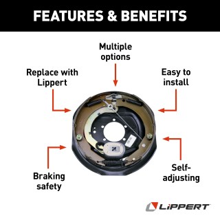 Lippert Self-Adjusting Electric Brake Assembly for RVs Lippert replacement self-adjusting electric brake assembly for RVs, 12x2 inch, left hand, five-bolt pattern.