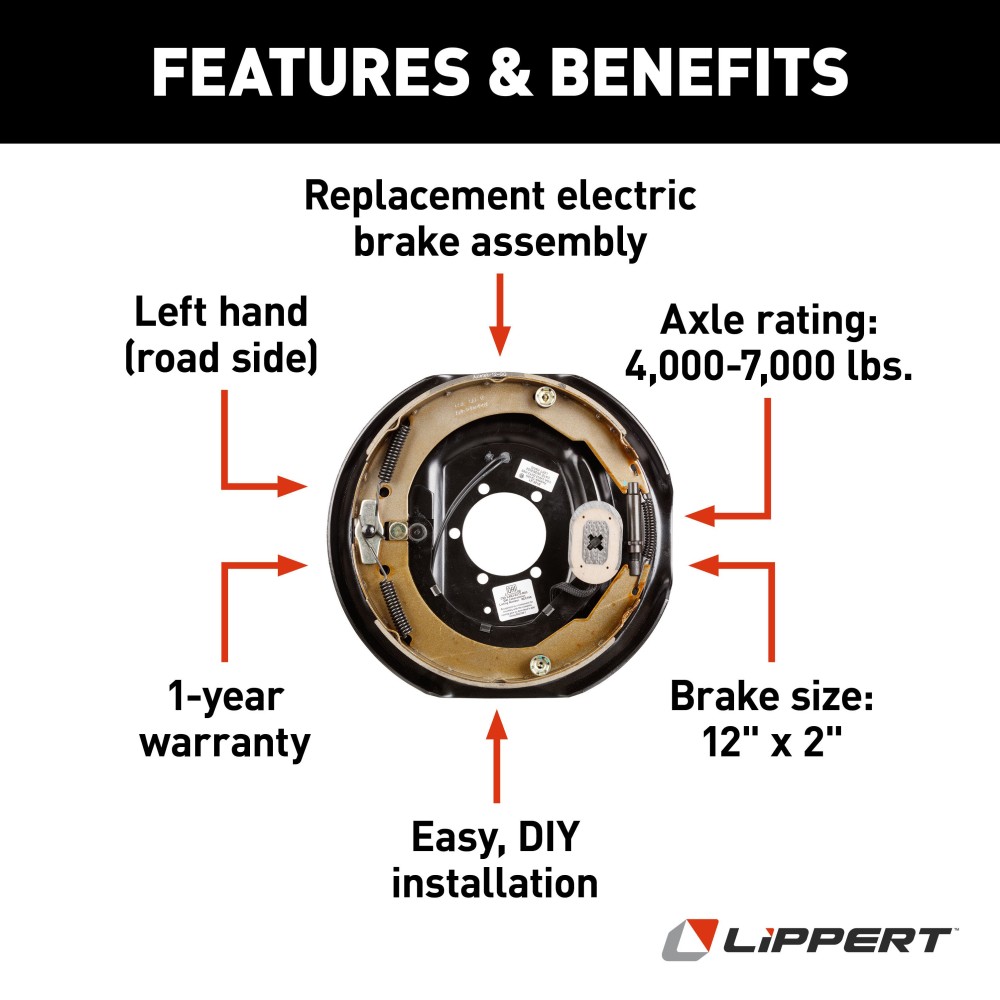 Lippert 12x2 Inch Left Hand Replacement Electric Brake Assembly Lippert replacement left hand electric brake assembly for RVs, 12x2 inch