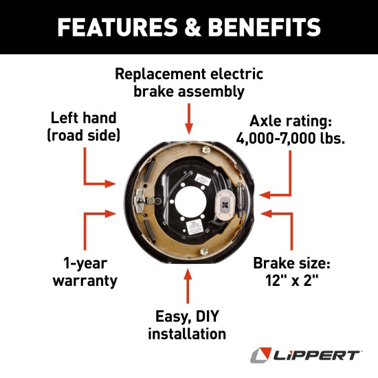 Lippert 12x2 Inch Left Hand Replacement Electric Brake Assembly Lippert replacement left hand electric brake assembly for RVs, 12x2 inch