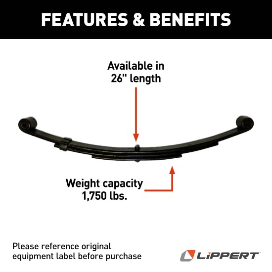 Lippert 26 Inch Replacement Leaf Spring for RV Trailers Lippert replacement leaf spring for RV trailer, 26 inch length, 1,750 lbs capacity