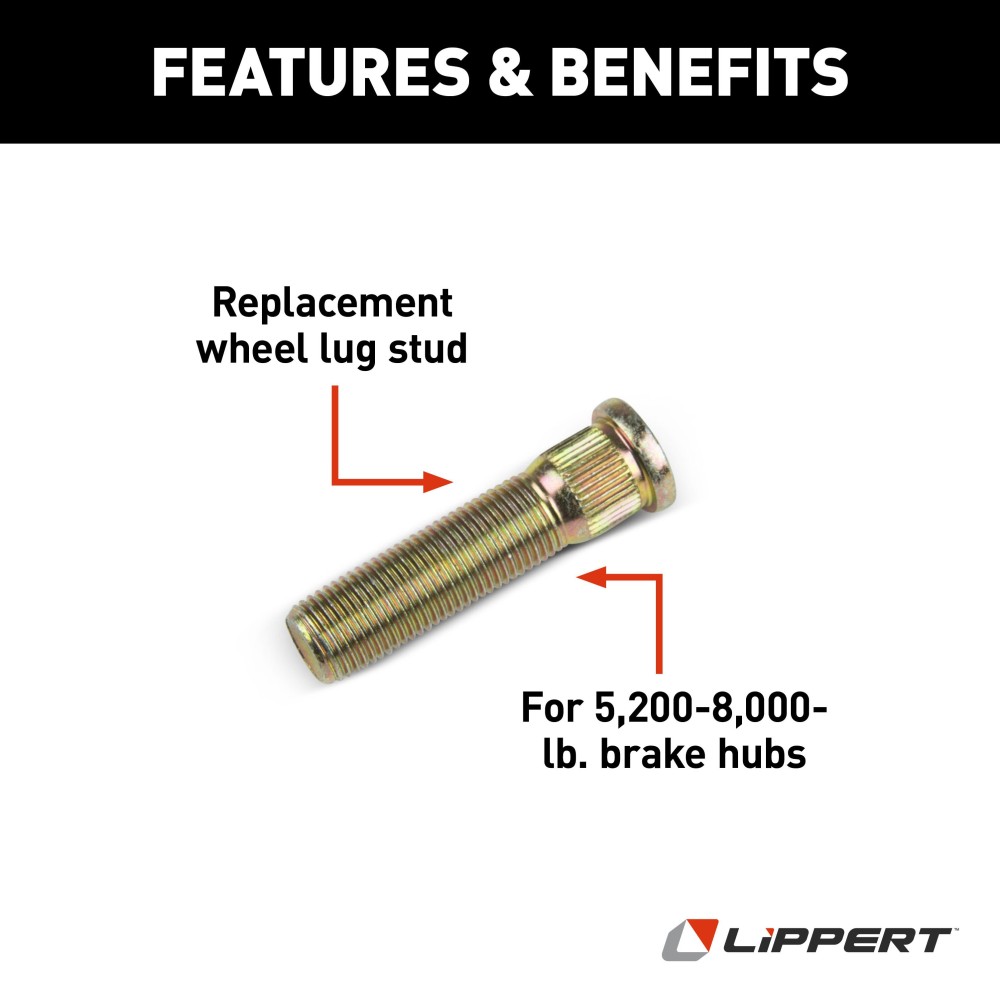 Lippert Replacement Wheel Lug Stud for 5,200 to 7,000-lb Axles Lippert wheel lug stud for trailer axles, compatible with 5,200 to 7,000-lb axles