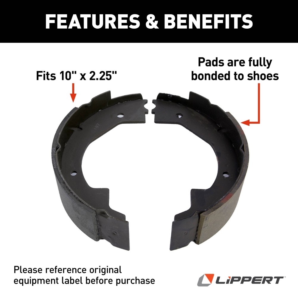 Lippert Electric Brake Shoe and Lining Replacement Kit for RV Lippert replacement electric brake shoe and lining kit for RV trailer brakes, compatible with Lippert brake assemblies.