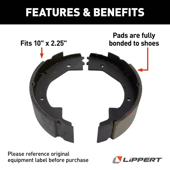 Lippert Electric Brake Shoe and Lining Replacement Kit for RV Lippert replacement electric brake shoe and lining kit for RV trailer brakes, compatible with Lippert brake assemblies.