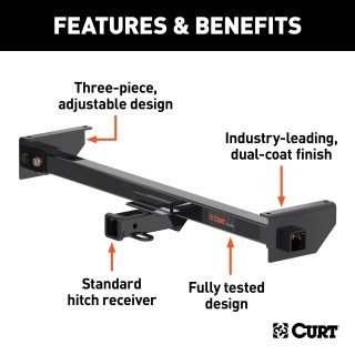 CURT RV Trailer Hitch with Adjustable 3-Piece Frame Design CURT RV hitch installed on a recreational vehicle, ready for towing