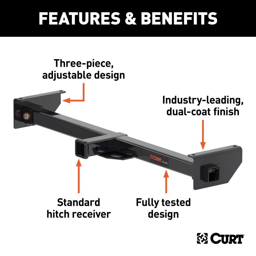 CURT RV Trailer Hitch with Adjustable Design and Durable Finish CURT RV hitch mounted on an RV, showcasing a gloss black finish for towing.