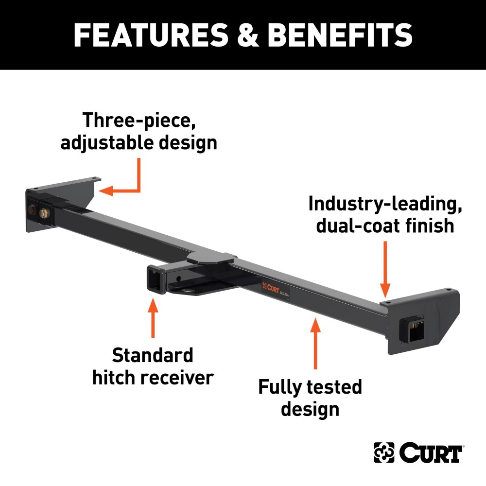 Durable CURT RV Trailer Hitch with Adjustable Frame Mount Design CURT RV trailer hitch mounted on RV, supports 5,000 lbs towing, fits 22-66 inch frames