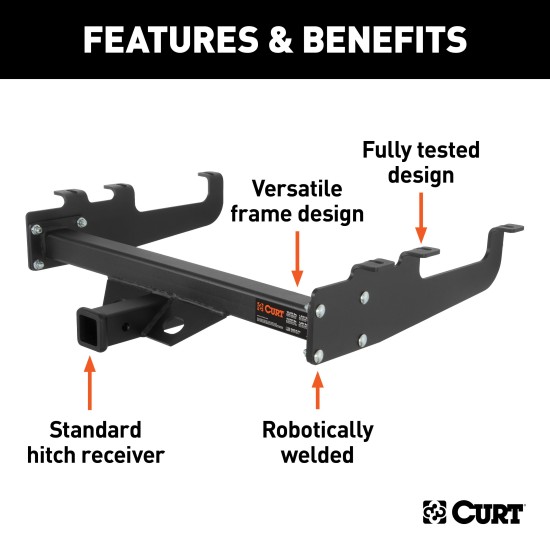 CURT Multi-Fit Trailer Hitch with 15,000 lbs Capacity CURT multi-fit trailer hitch on a truck, rated for 15,000 lbs with 2 inch receiver