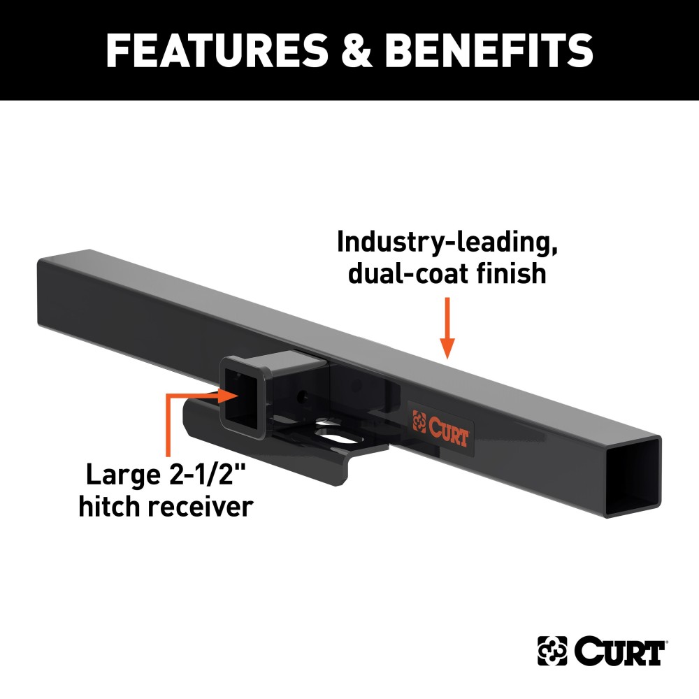 High-Capacity CURT Weld-On Trailer Hitch Receiver - 2-1/2 Inch CURT weld-on trailer hitch receiver for trucks, 16,000 lbs GTW, 2-1/2-inch receiver, high-strength steel construction