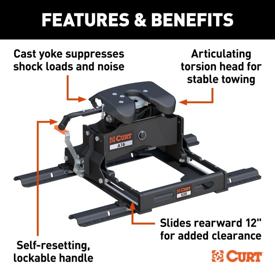 CURT A16 5th Wheel Hitch and S20 Slider for Towing Stability CURT A16 5th wheel hitch with S20 slider ensuring smooth, quiet, and powerful towing of up to 16,000 lbs.